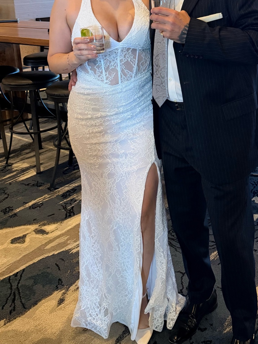 Windsor White Lace Evening Dress with Thigh Slit